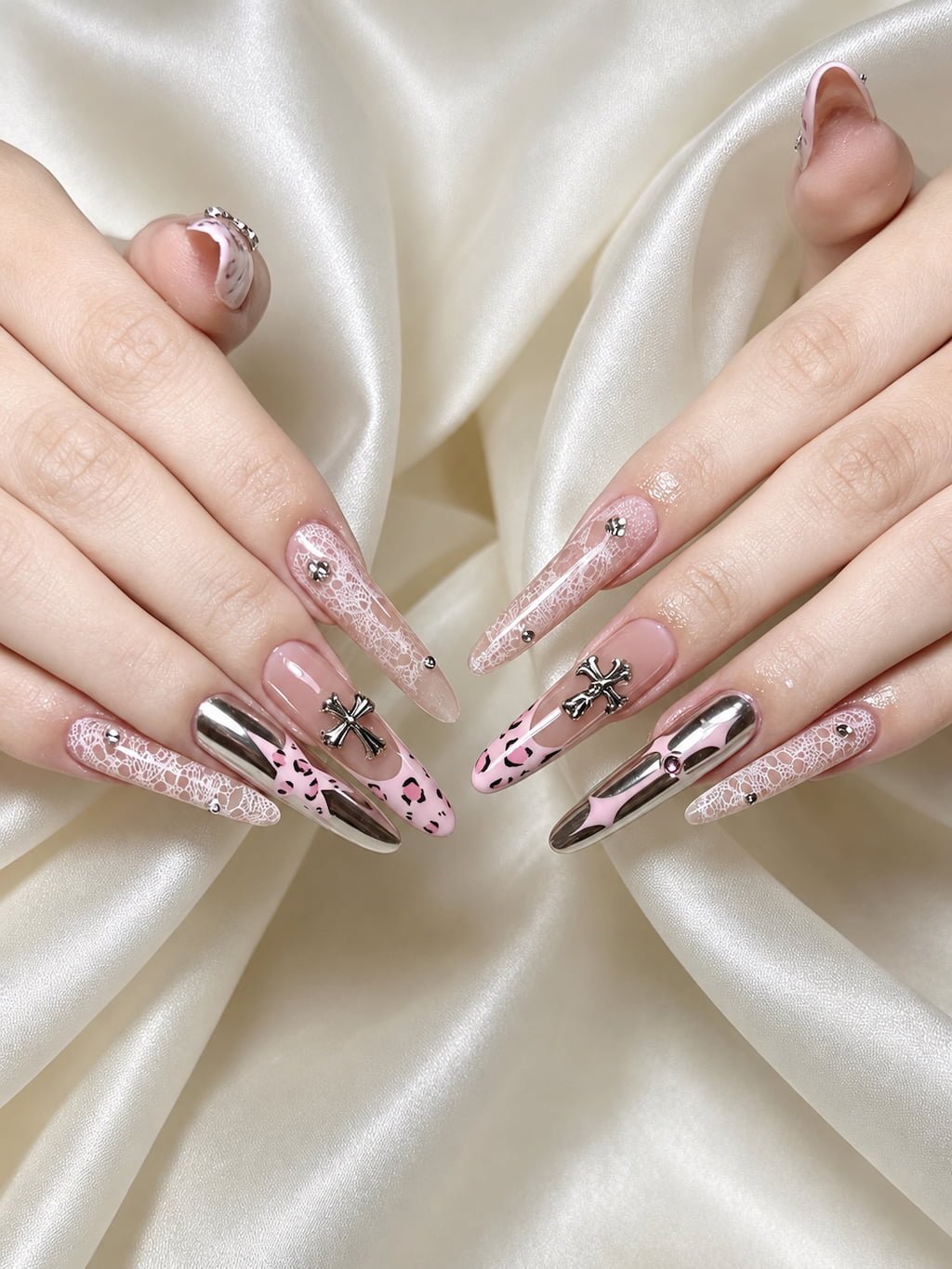 Pink Chrome, Lace and Cross Y2K Nails