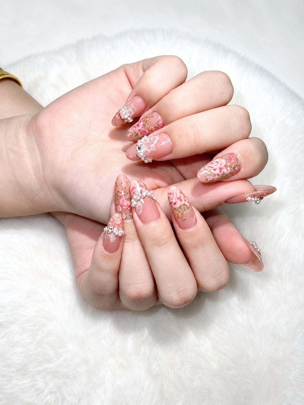 Pink Floral Preppy Nails with Lace and Pearl Accents