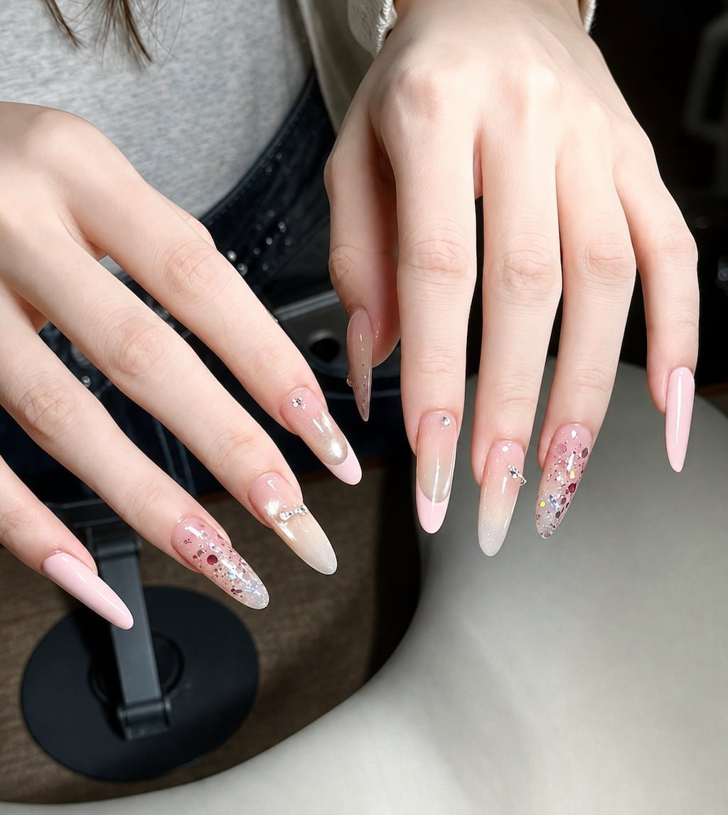 Pink French Tip Preppy Nails with Glitter Confetti