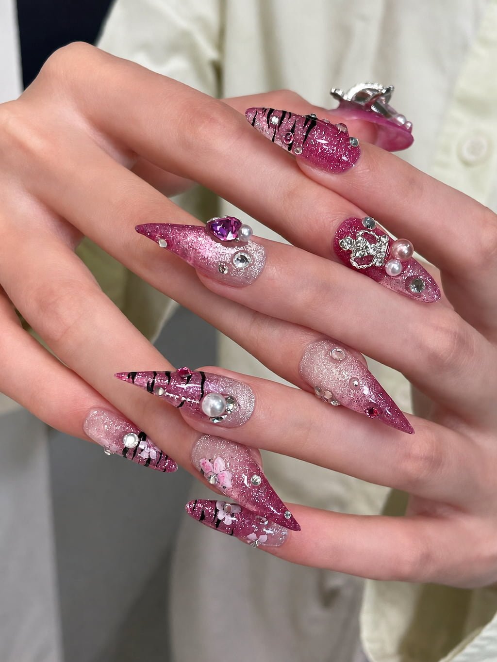 Pink Glitter Cat Claw Nails with Pearls and Crystal Charms