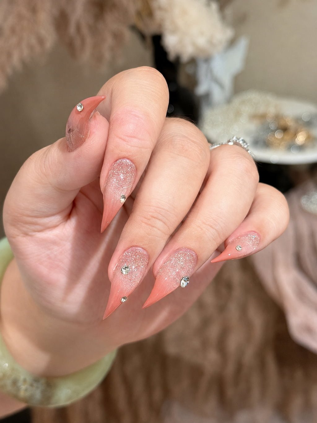 Pink Glitter Cat Claw Nails with Rhinestone Tips