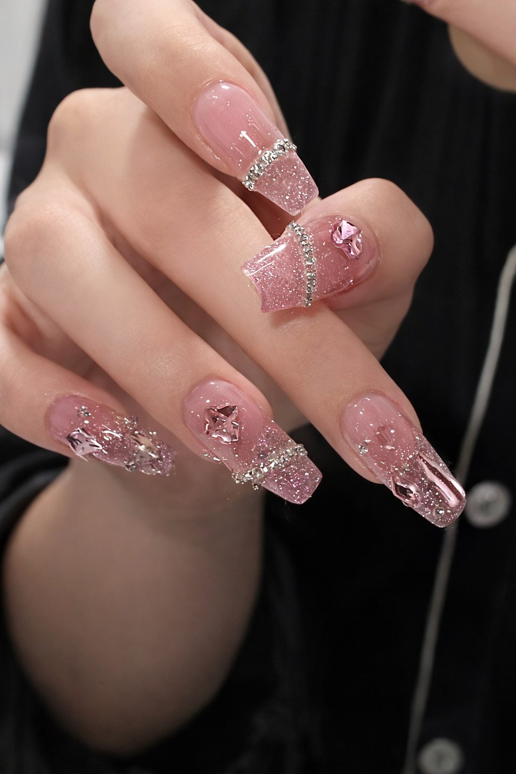 Pink Glitter Wedding Nails with Rhinestone Accents