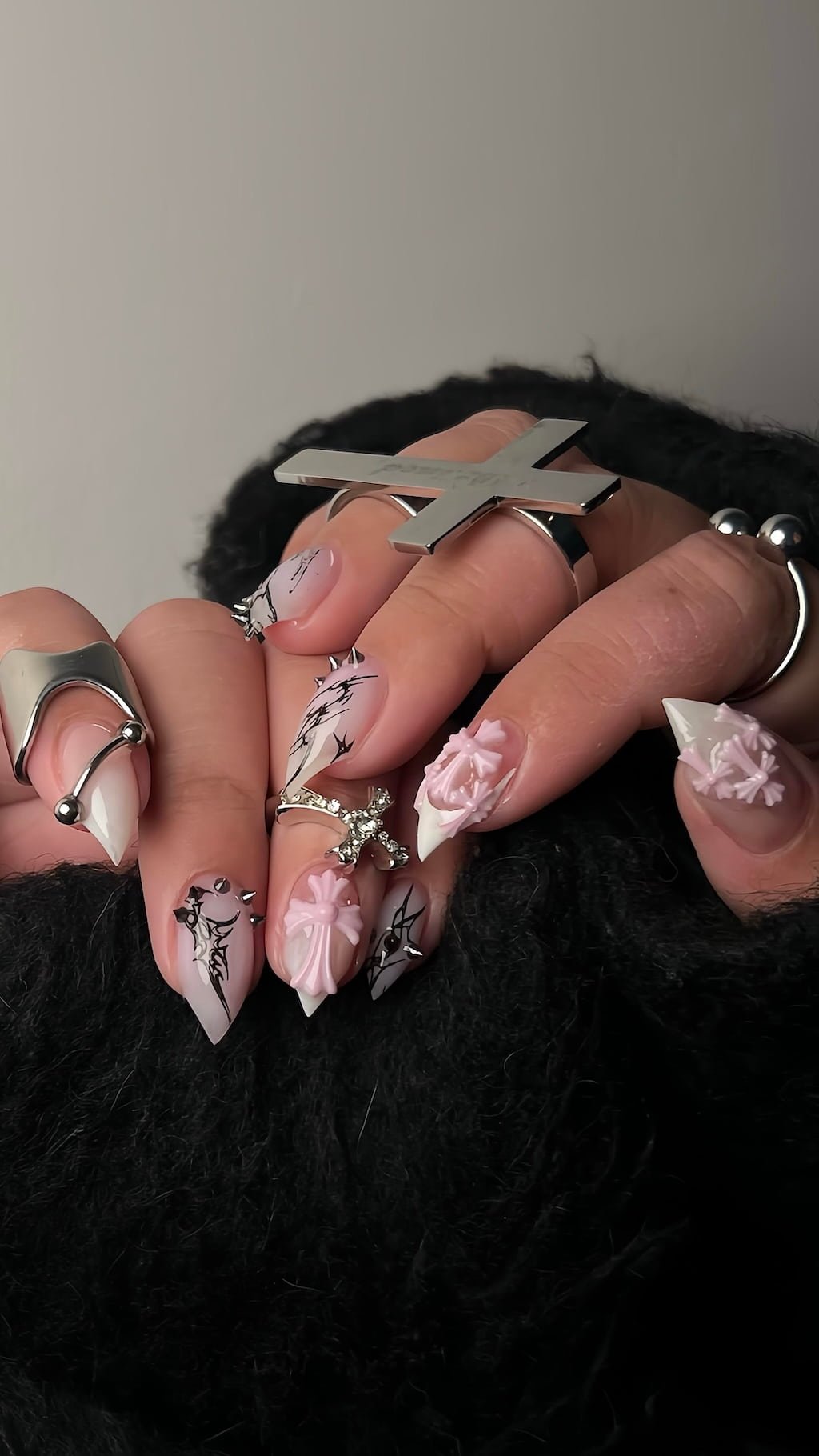 Pink Gothic Cat Claw Nails with 3D Flowers and Spikes
