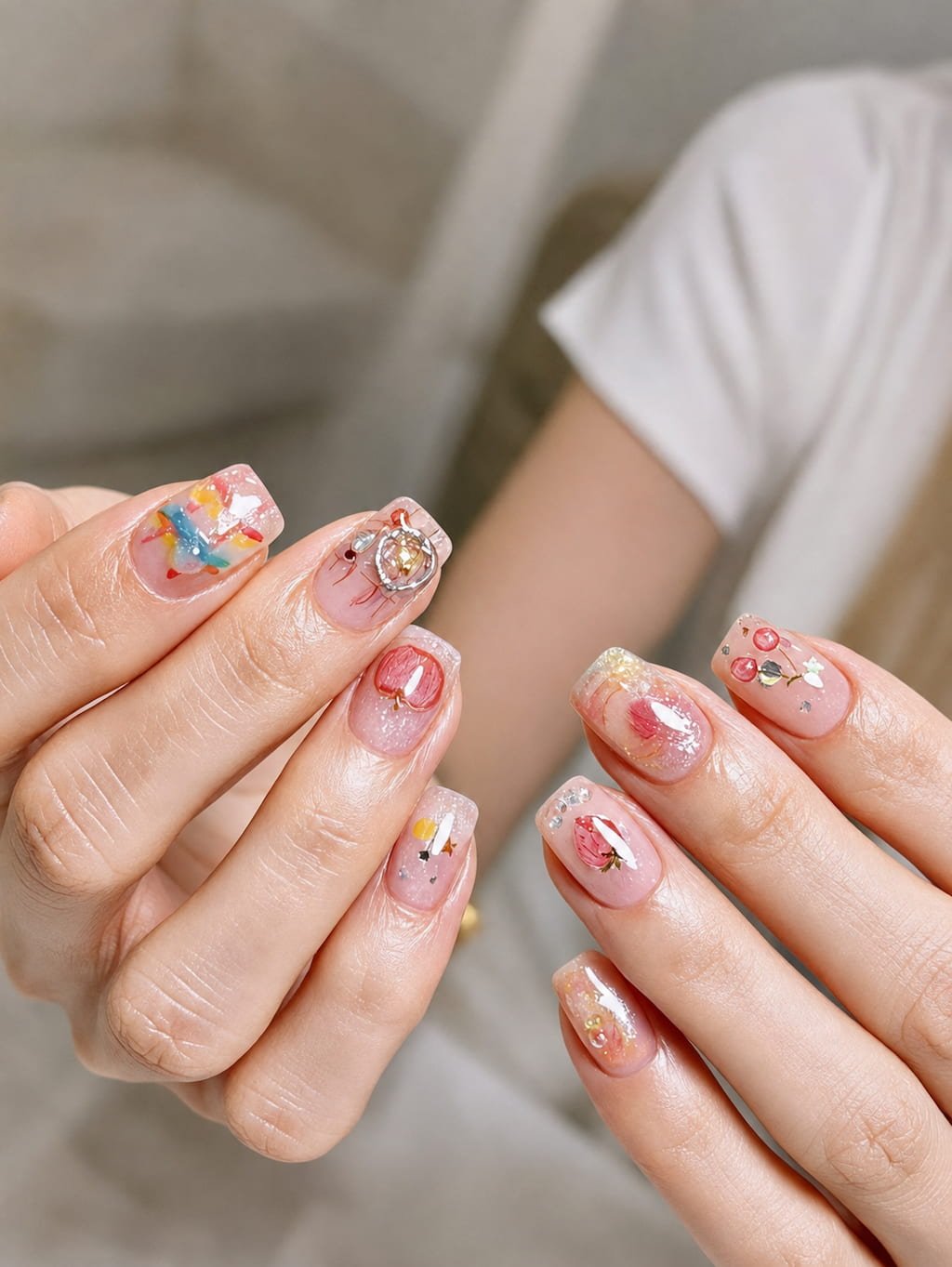 Pink Jelly Florals with Fruit Charm August Nails