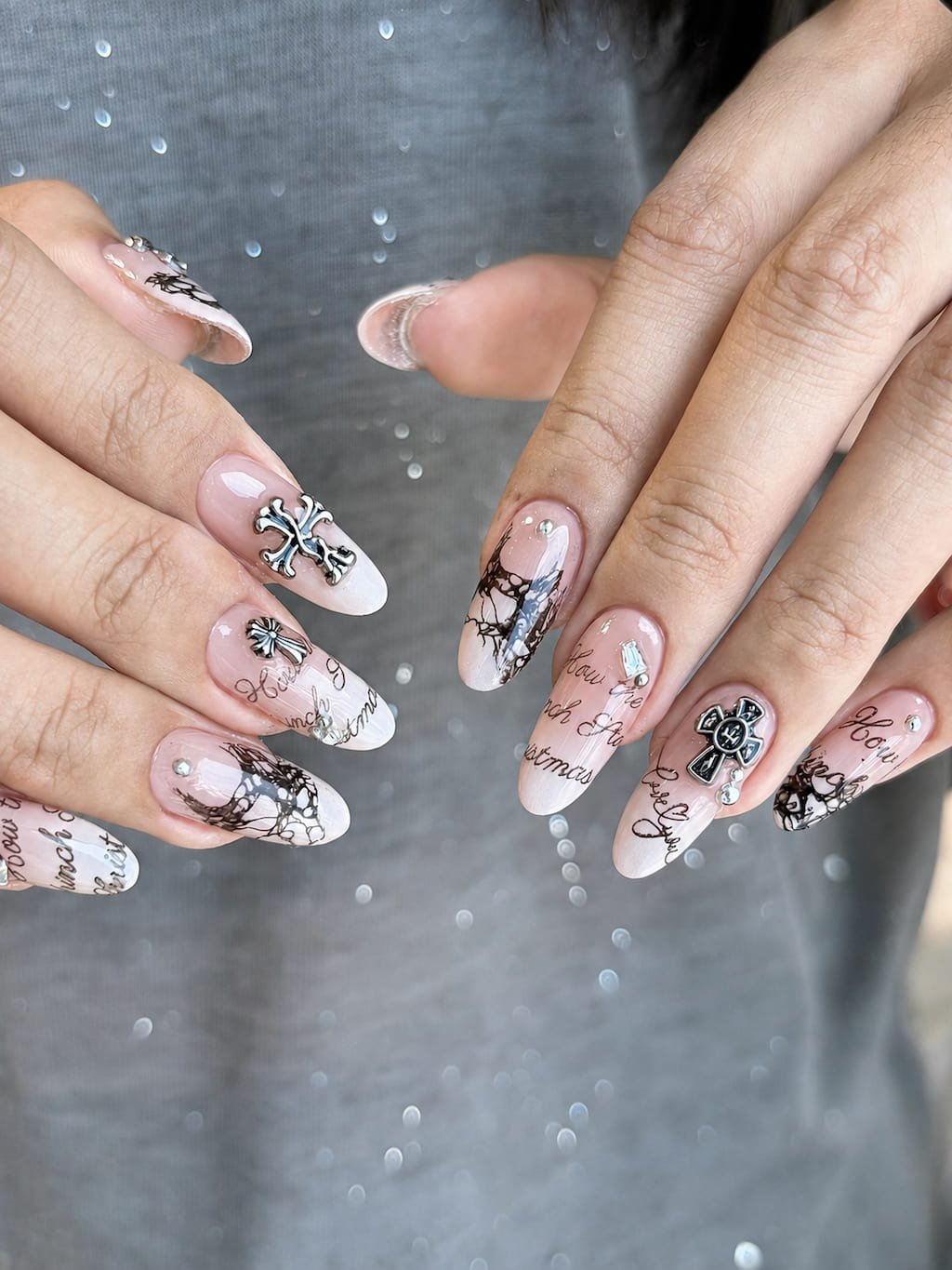 Pink Lace and Script Y2K Nails