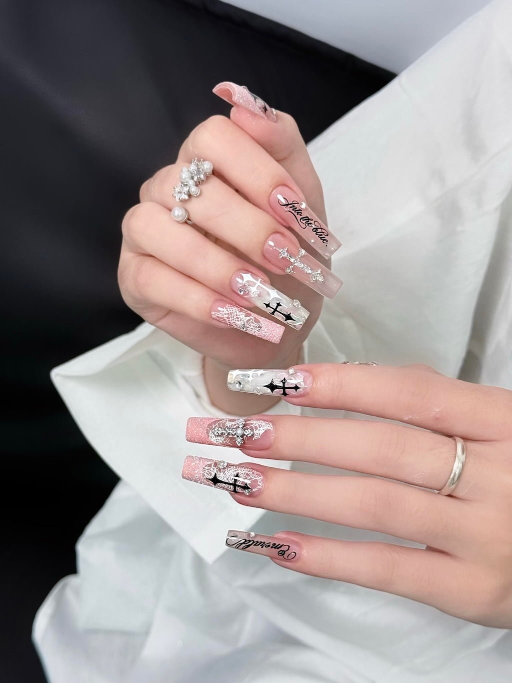 Pink Lace Cross and Rhinestone Y2K Nails