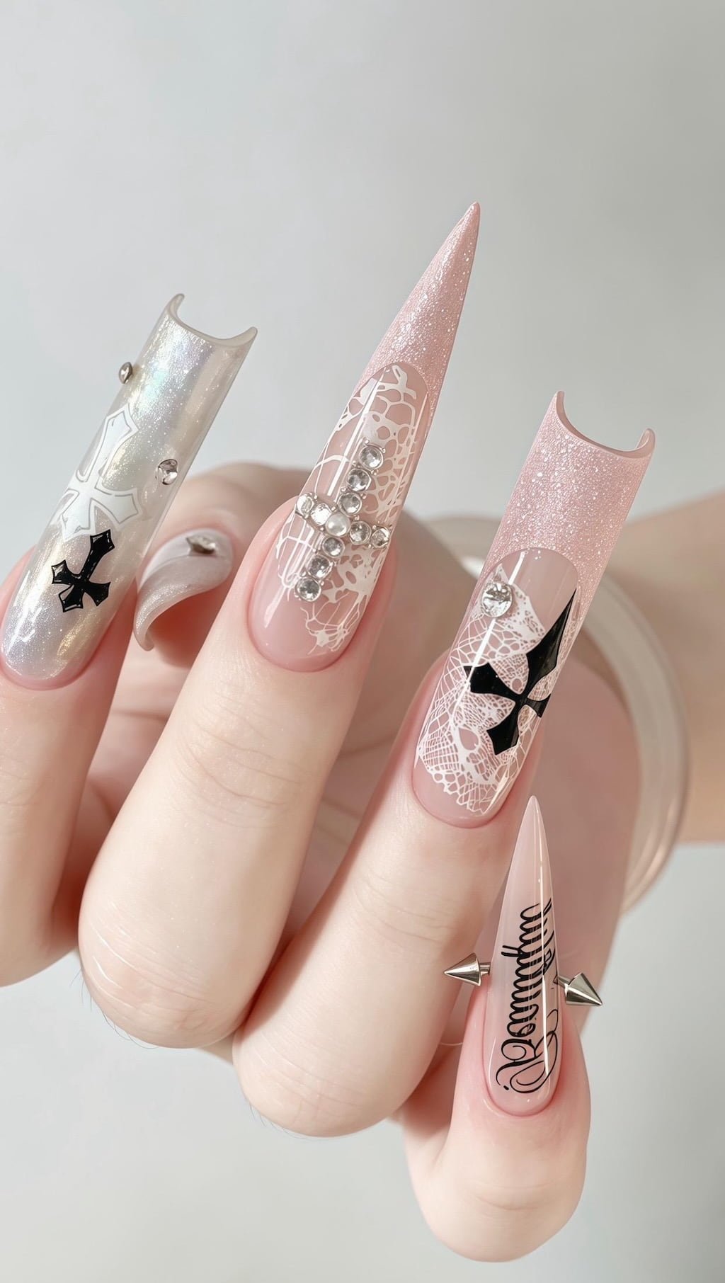 Pink Lace Cross and Rhinestone Y2K Nails