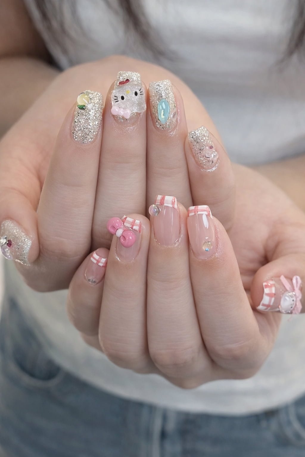 Pink Plaid Charm Hello Kitty Nail