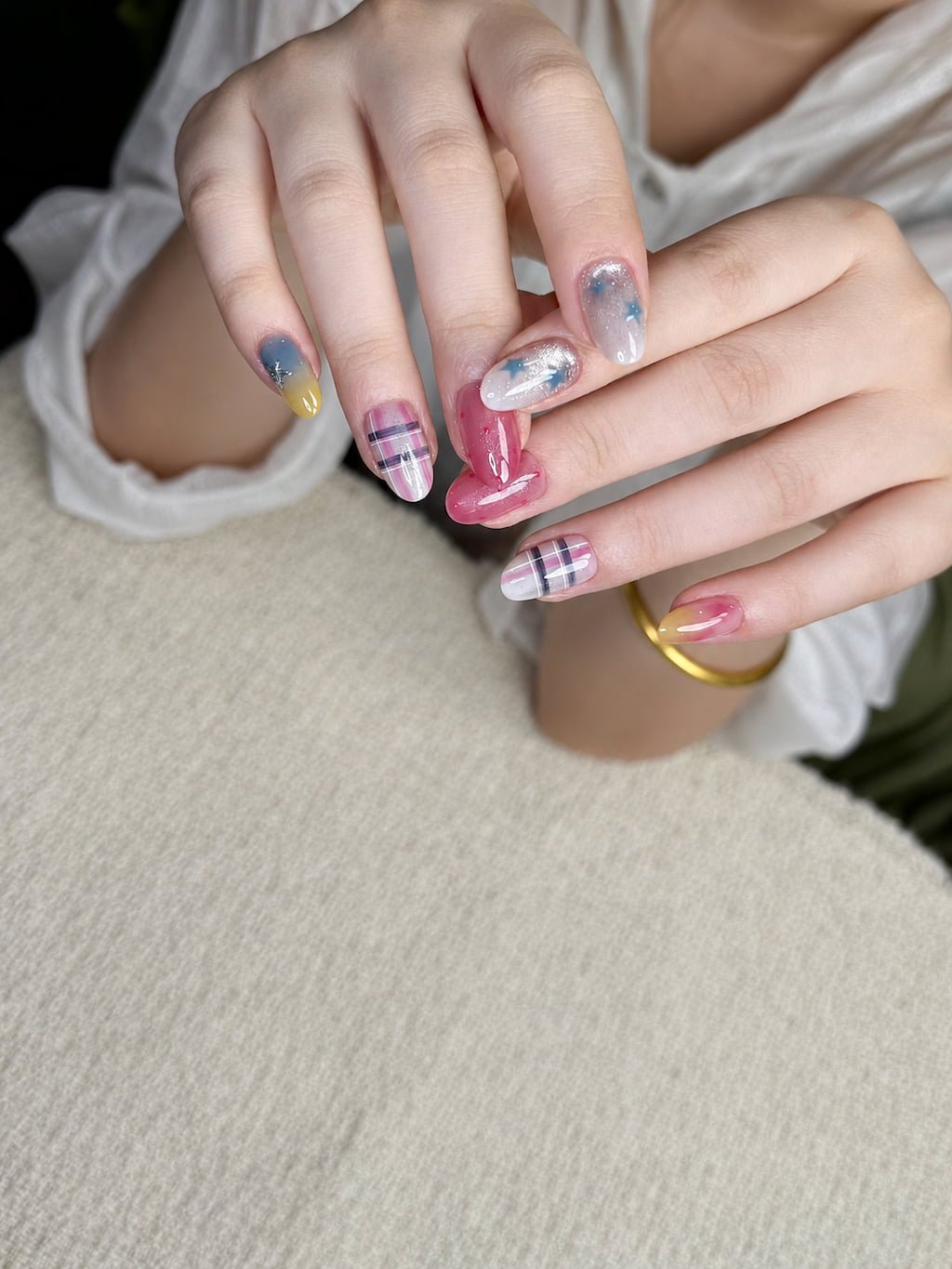 Pink Plaid Preppy Nails with Blue Star Details