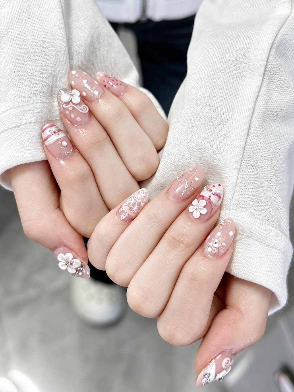 Pink Preppy Nails with 3D White Flowers and Polka Dots