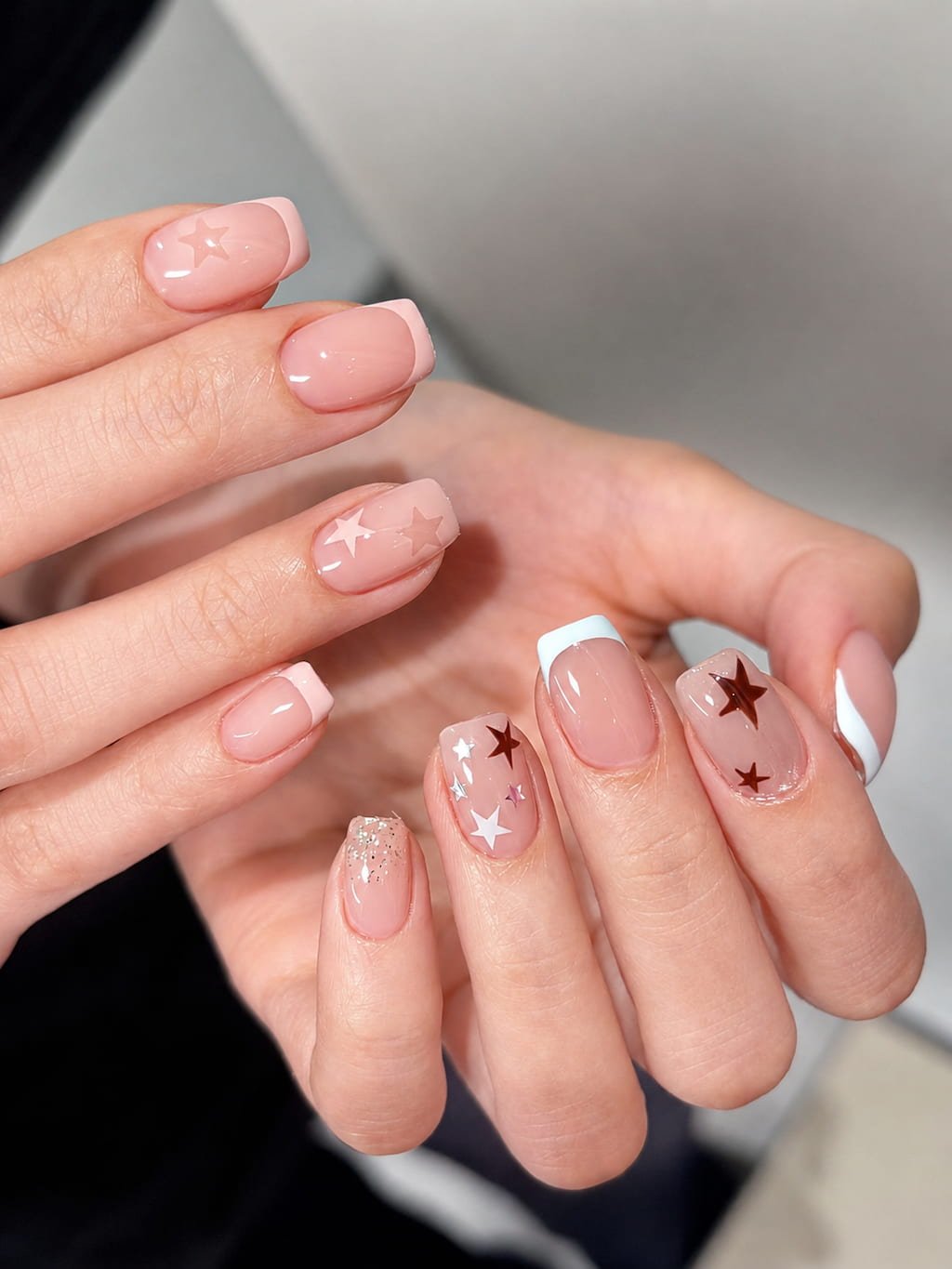 Pink Star Preppy Nails with Baby Blue French Tips