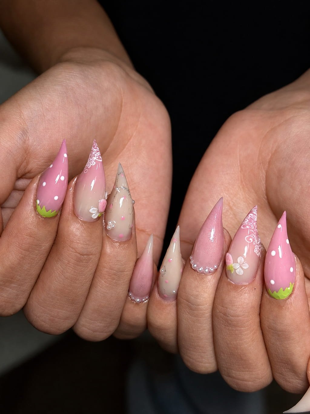 Pink Strawberry Cat Claw Nails with Lace and Pearl Accents