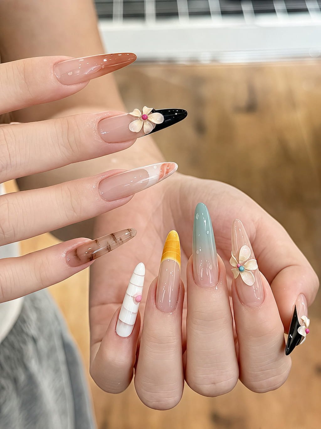 Playful Summer Nail Design with 3D Flowers and Graphic Tips