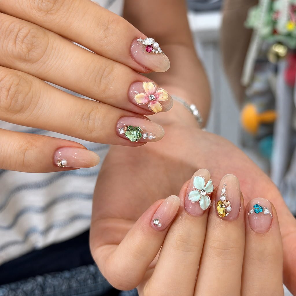 Preppy Nails with 3D Flowers, Pearls, and Colorful Gemstones