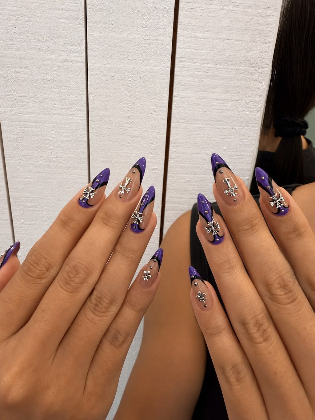 Purple French Tip Y2K Nails with Silver Cross Charms