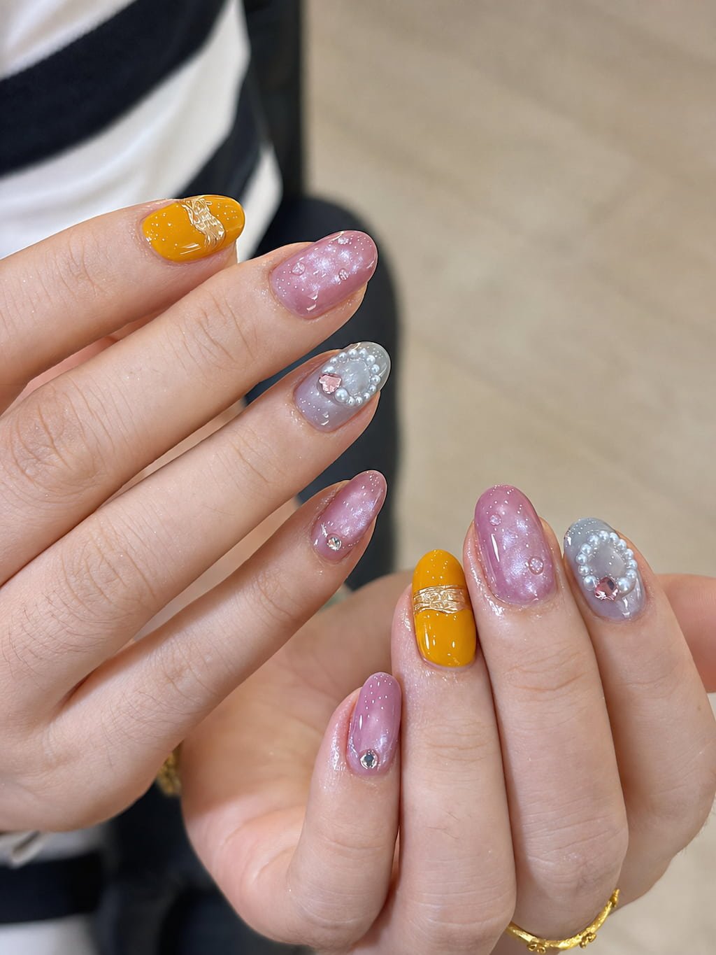 Purple Jelly and Orange Summer Nail Design with Pearl Hearts