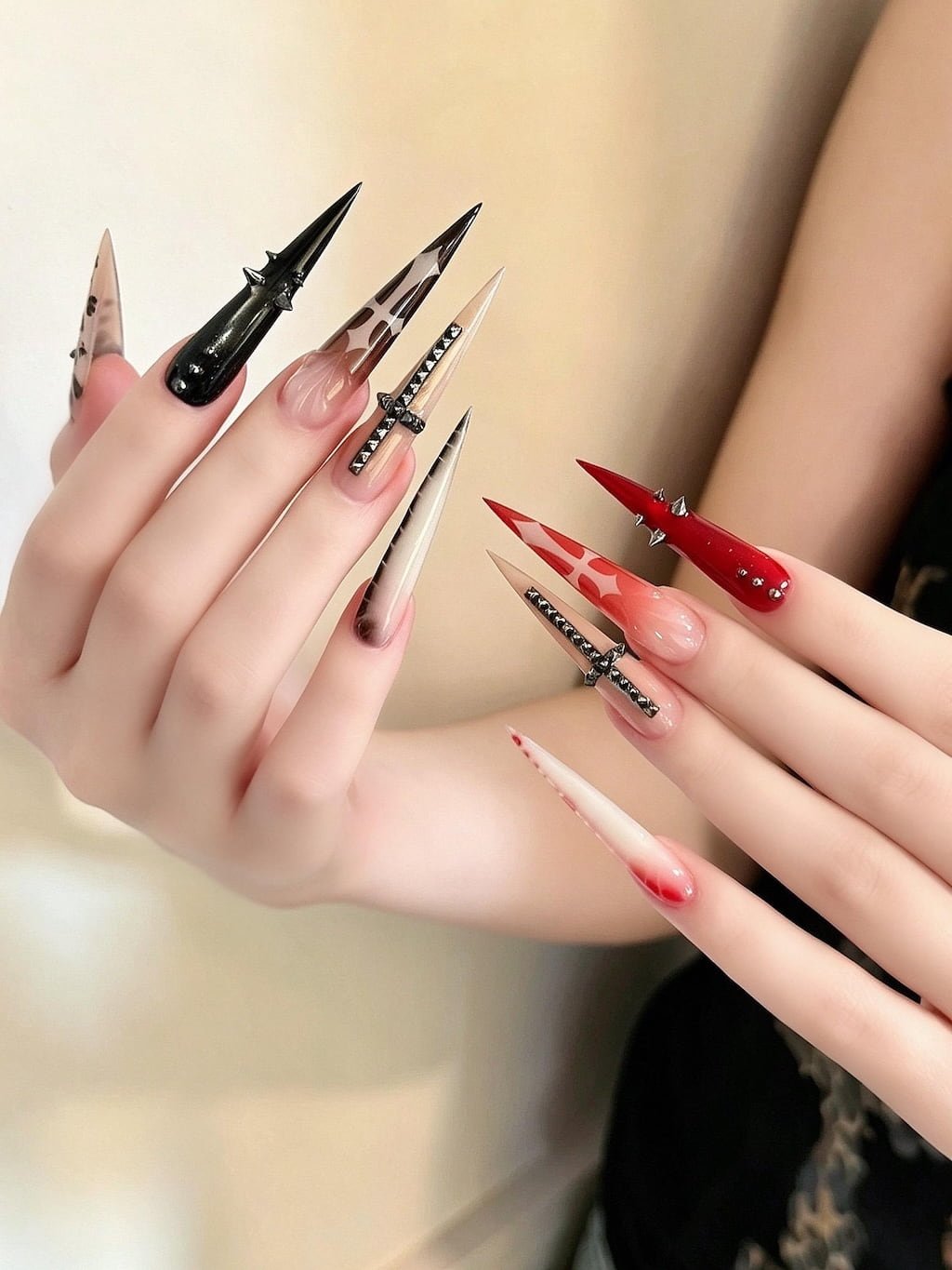 Red and Black Spike Stiletto Y2K Nails