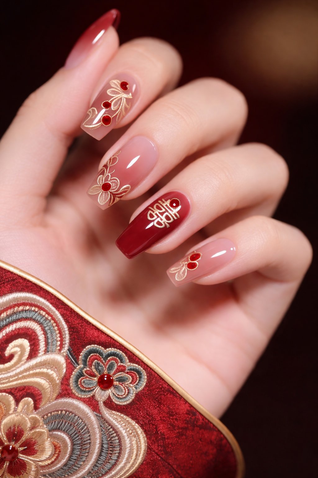 Red and Gold Chinese Wedding Nails with Floral Details