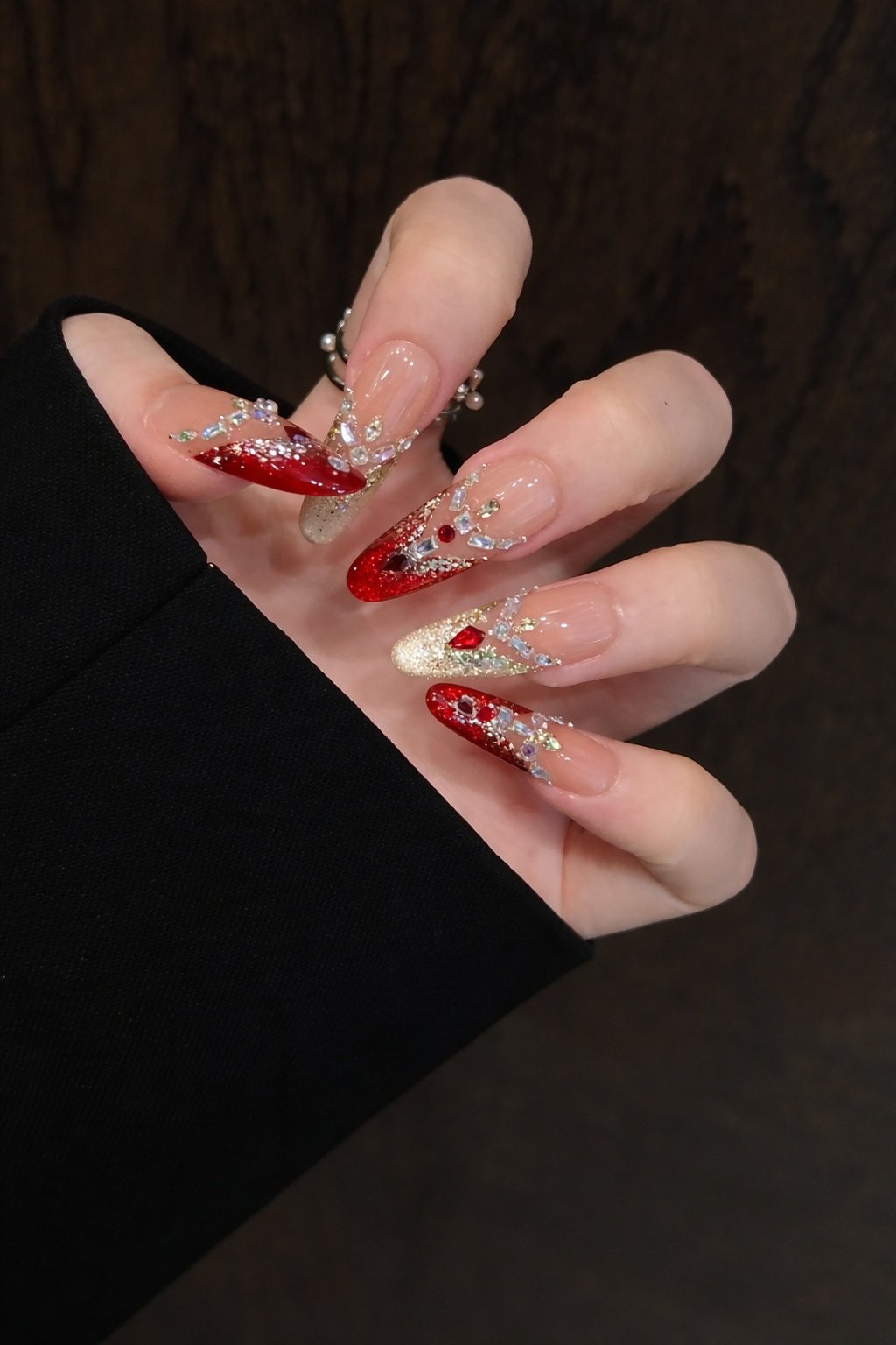 Red and Gold Stiletto Wedding Nails with Crystal Details