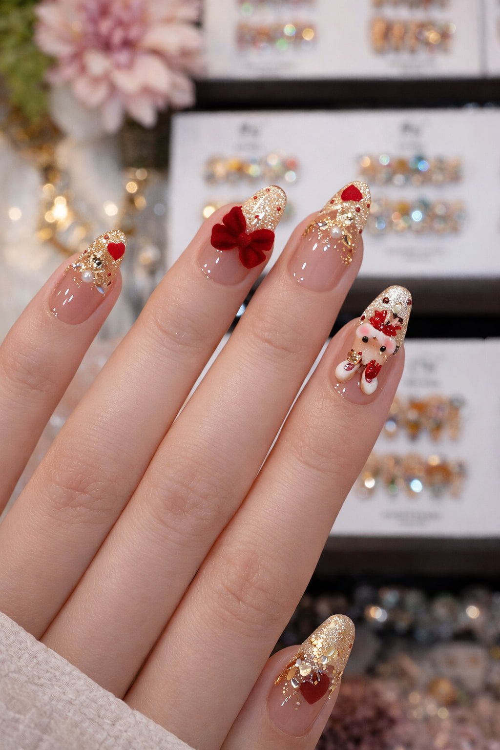 Red and Gold Wedding Nails with 3D Bow and Bunny Charms