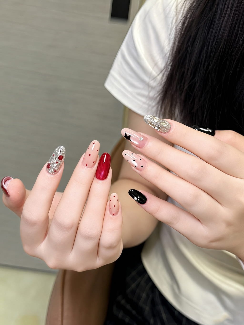 Red, Black, and Silver Summer Nail Design with Polka Dots