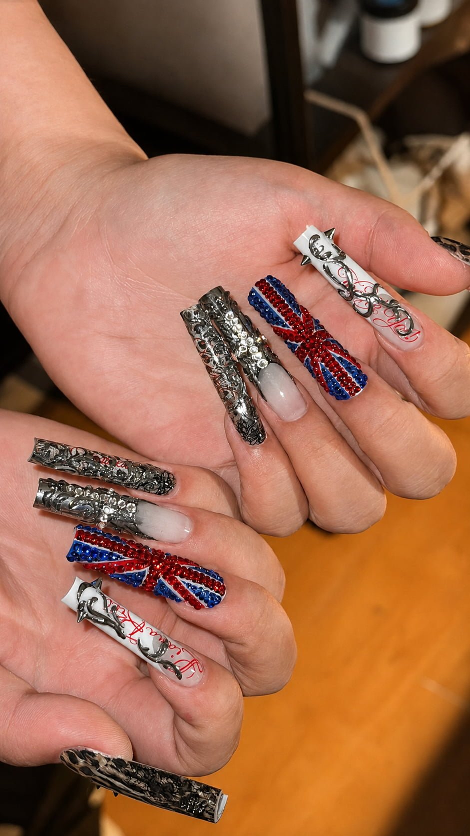 Red, Blue and Silver Rhinestone Y2K Nails