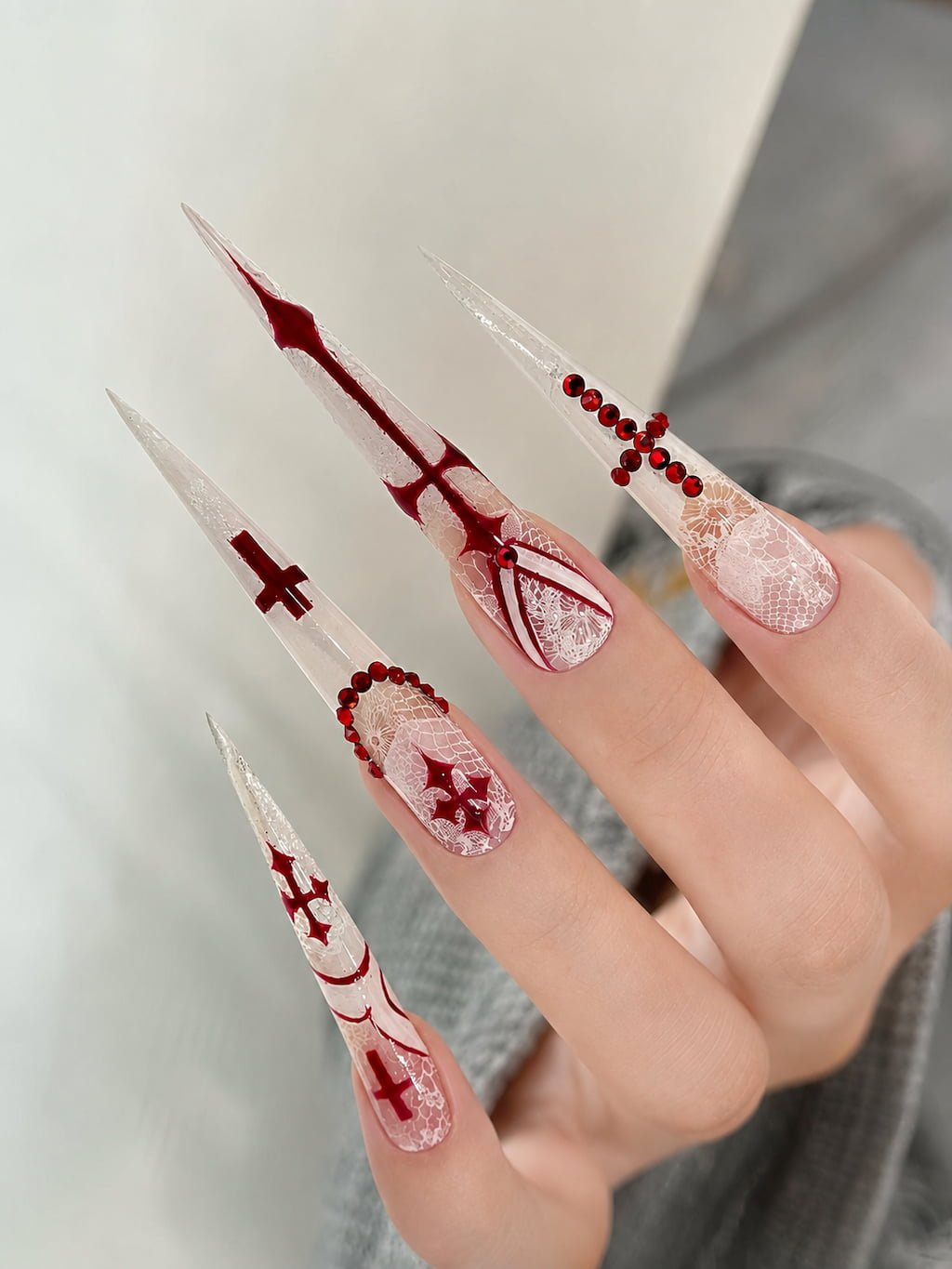 Red Cross and Lace Stiletto Y2K Nails
