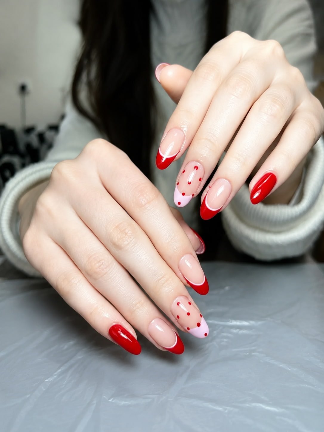 Red French Nails with Pink Tips and Polka Dot Details