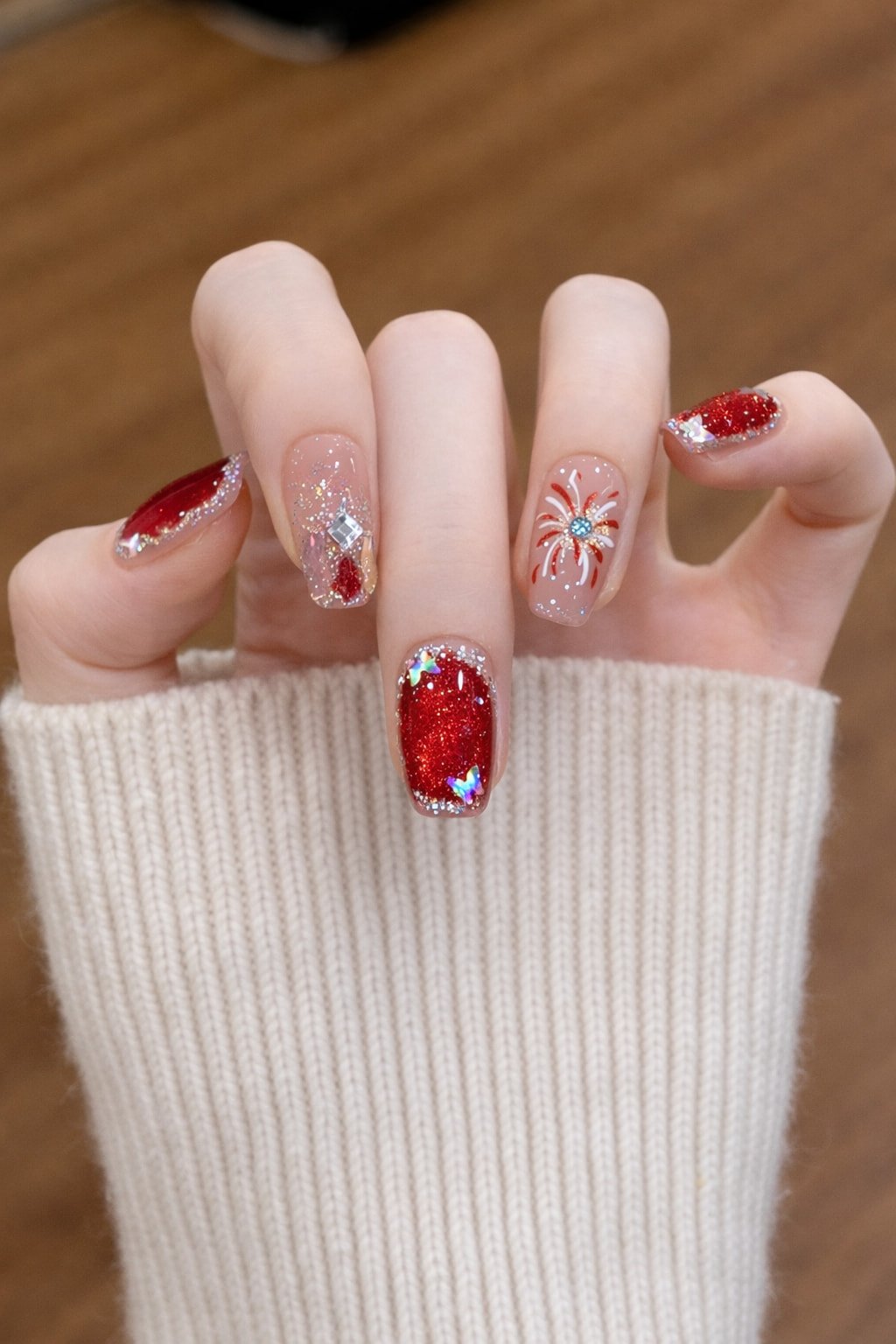 Red Glitter Wedding Nails with Rhinestones and Floral Art