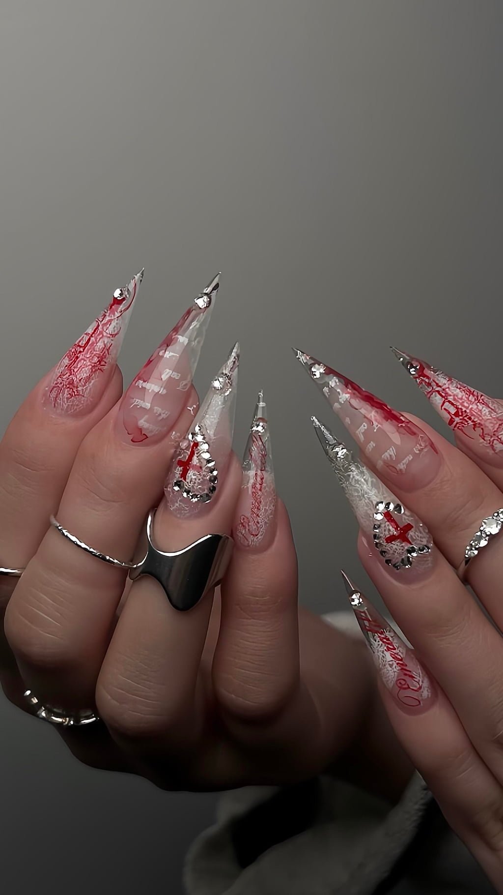 Red Lace Cat Claw Nails with Crystal Embellishments