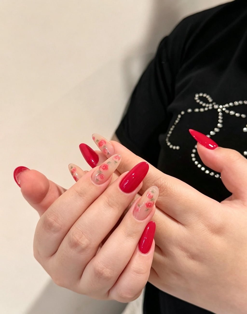 Red Rose Summer Nail Design on a Sheer Nude Base