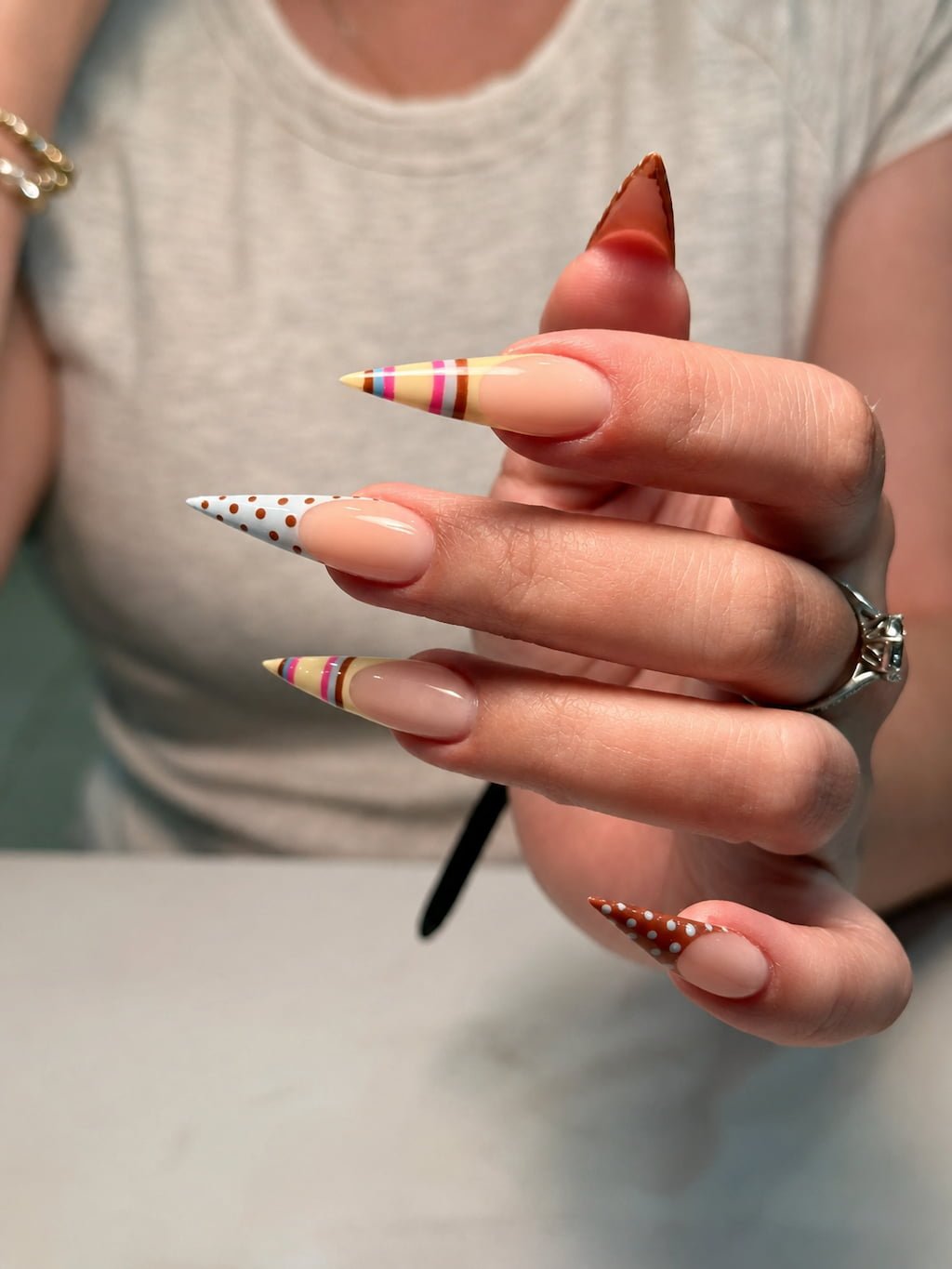 Retro Stripe and Polka Dot Stiletto August Nails