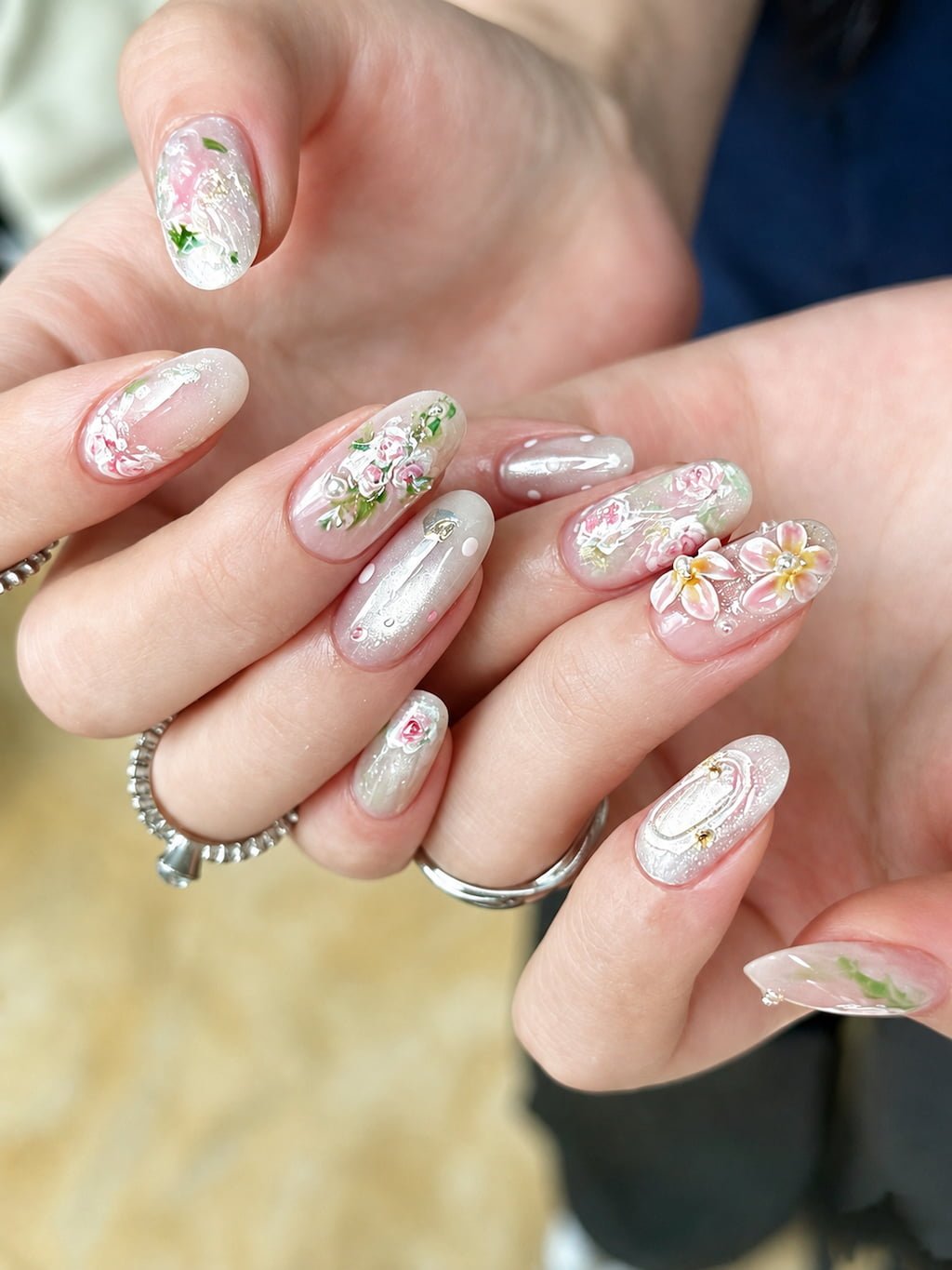 Romantic Floral Preppy Nails with 3D Blossom Art