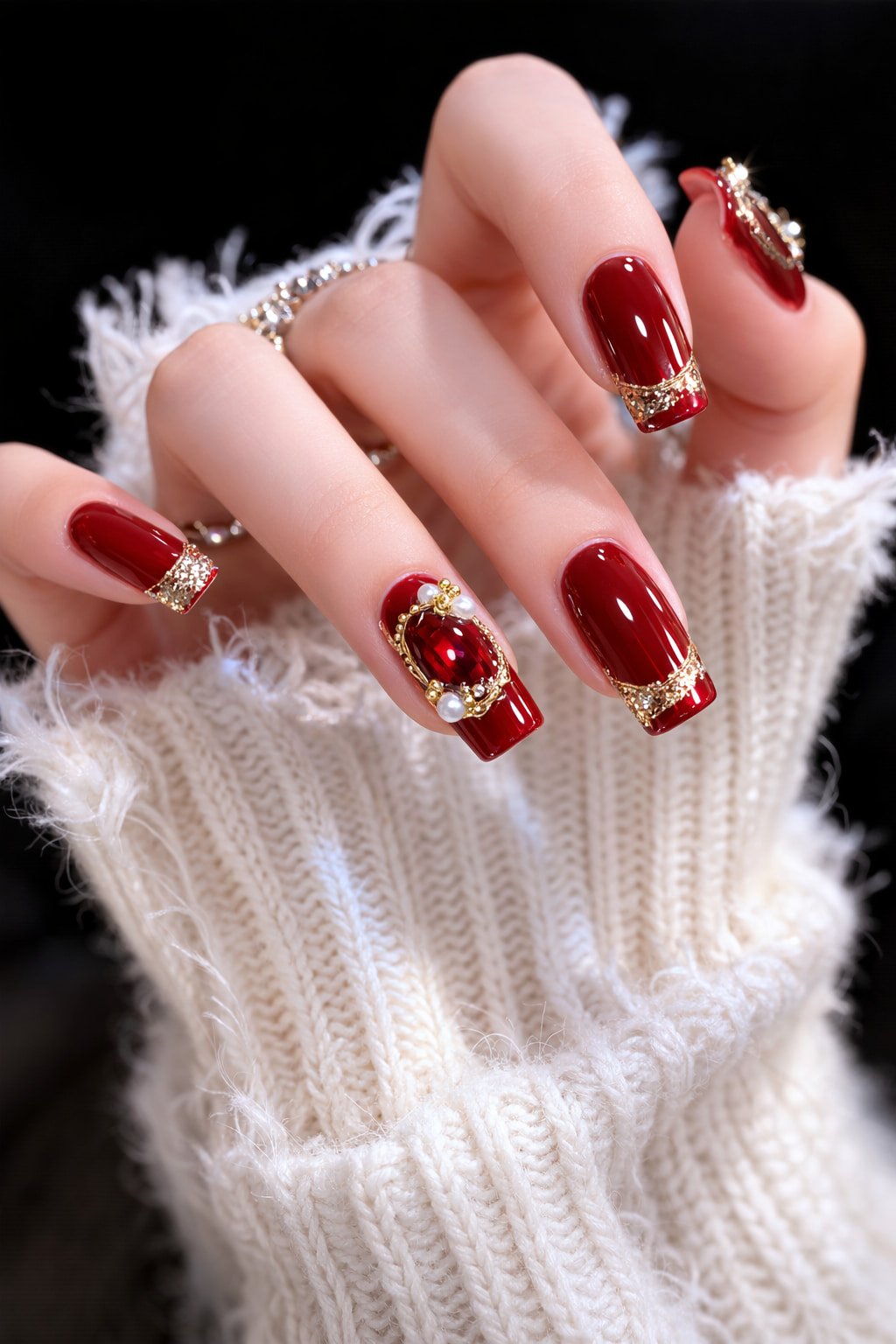 Ruby Red Wedding Nails with Gold Glitter French Tips