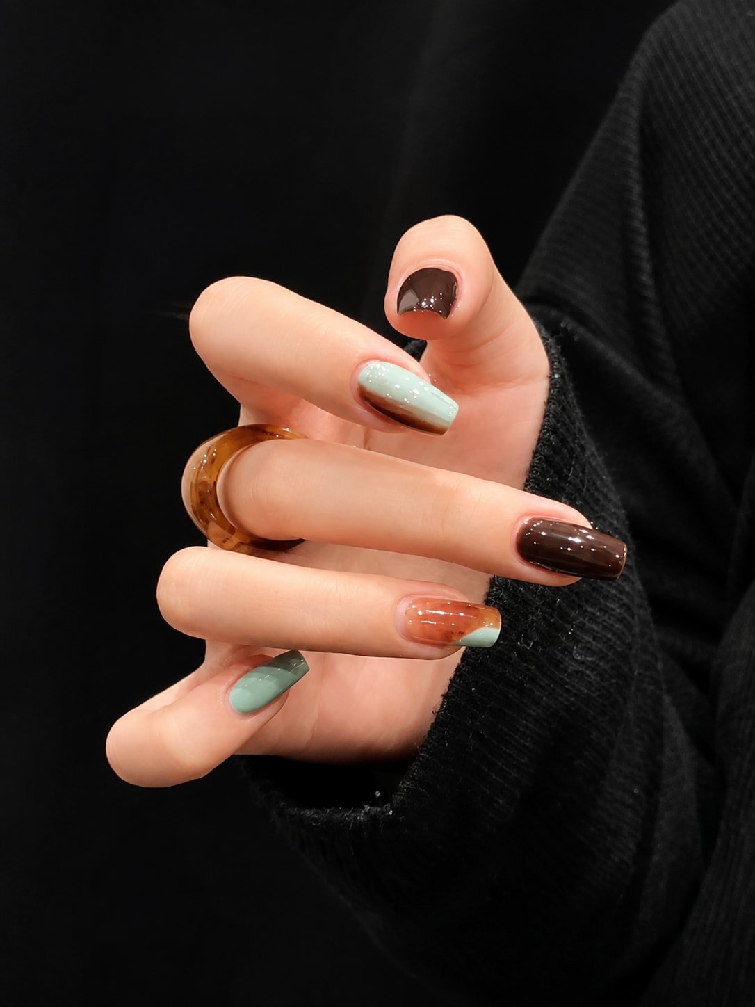 Sage Green and Chocolate Brown Minimalist Fall Nail Design