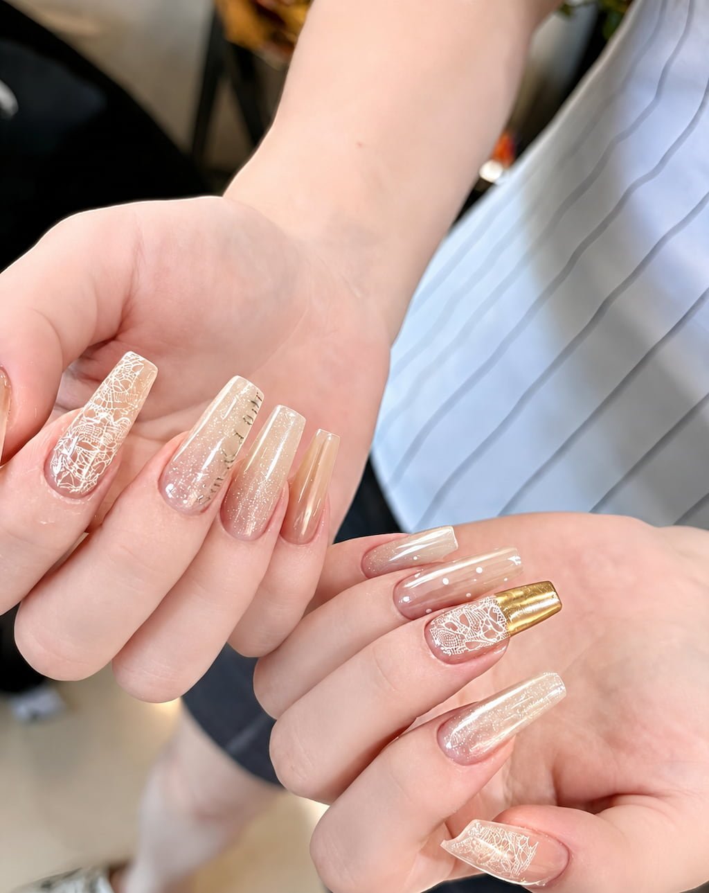 Sheer Nude Summer Nail Set with White Lace and Gold Chrome