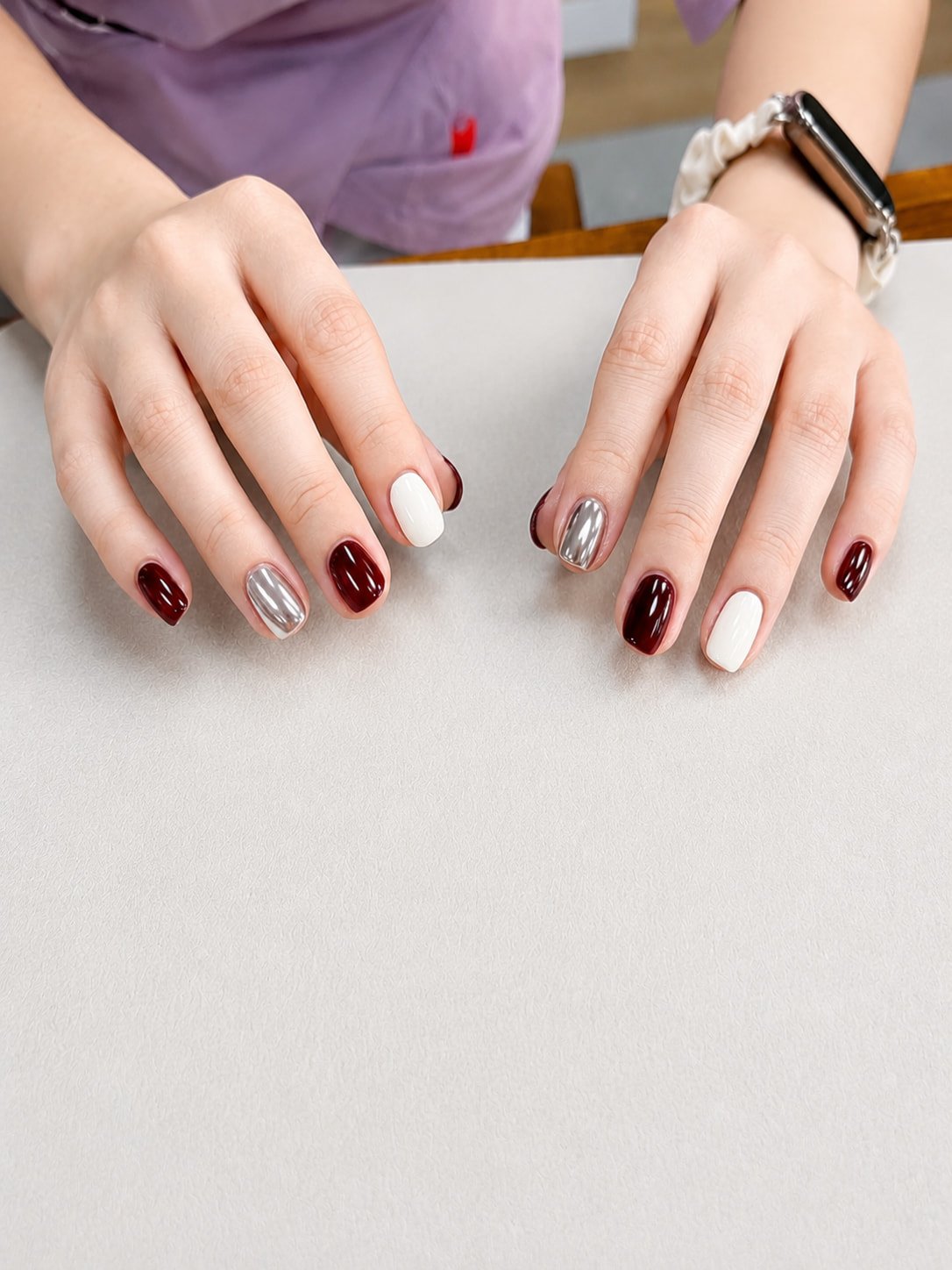 Short Burgundy, White and Silver Chrome Fall Nail Design