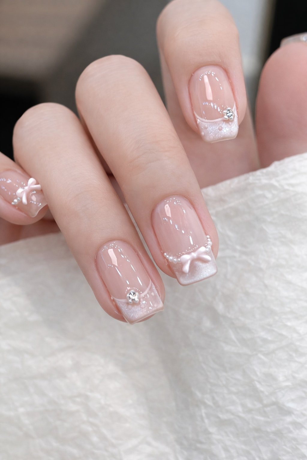 Short French Wedding Nails with Pearls and White Bows