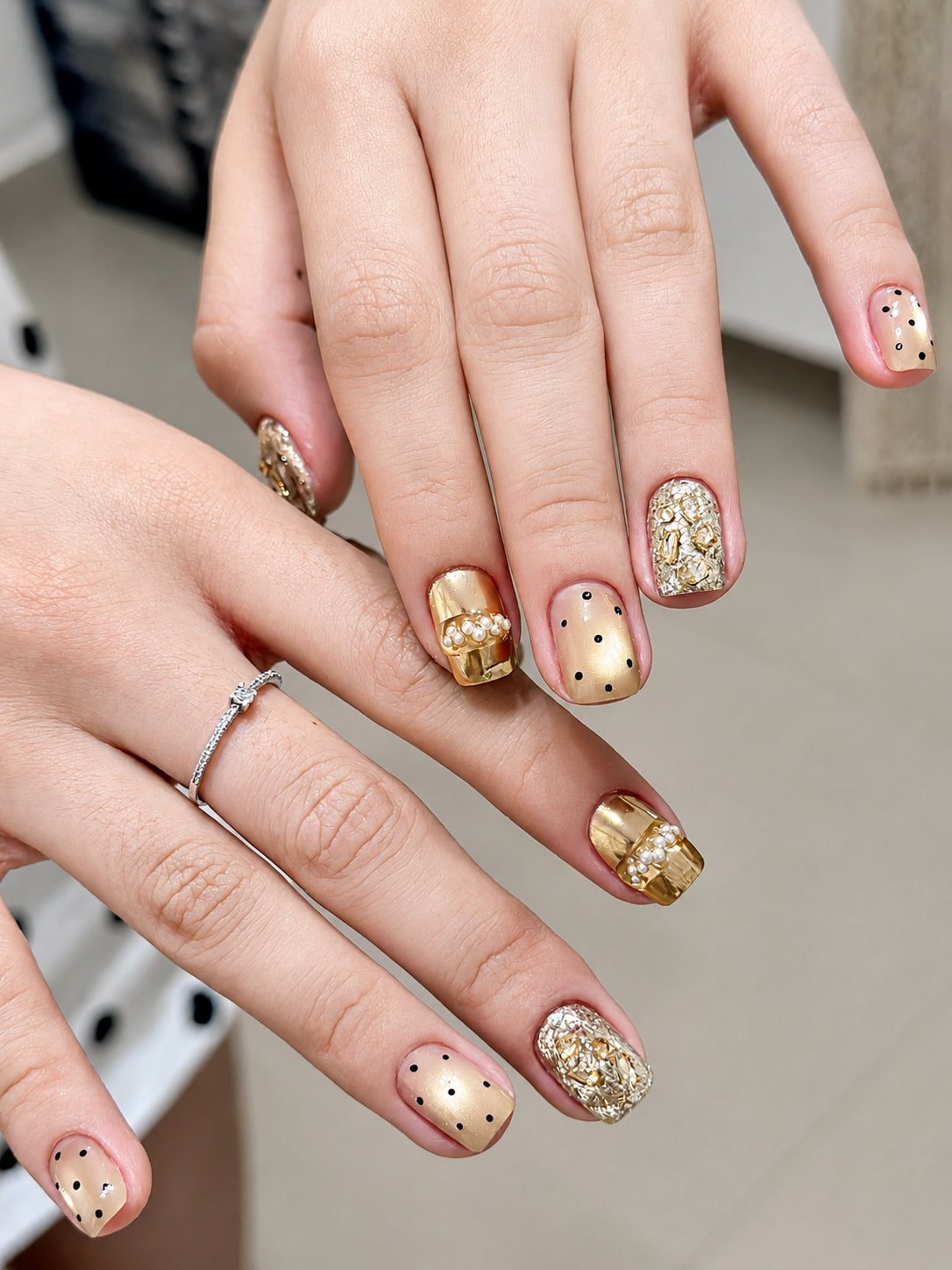 Short Gold Chrome and Polka Dot Fall Nail Design
