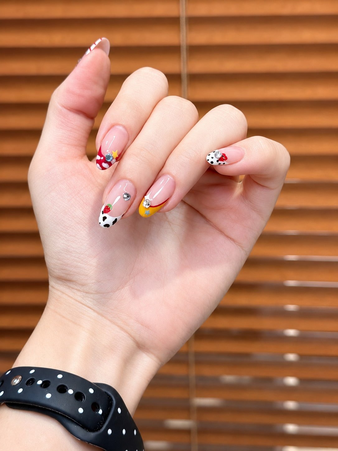 Short White French Nails with Red Bow and Polka Dot Details