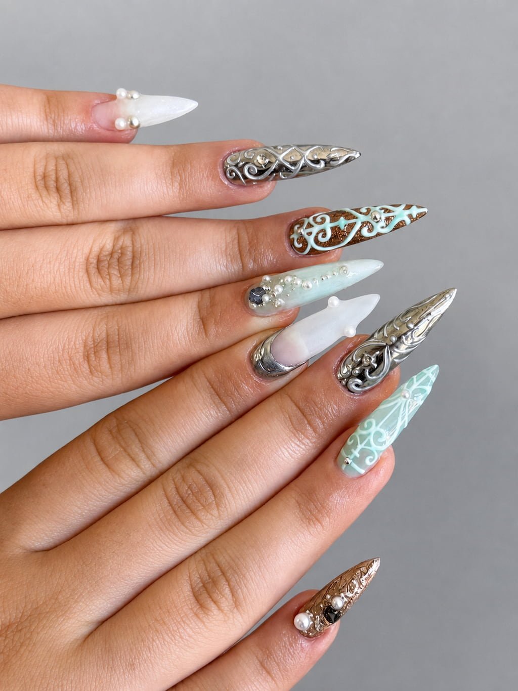 Silver Chrome Filigree Stiletto Y2K Nails