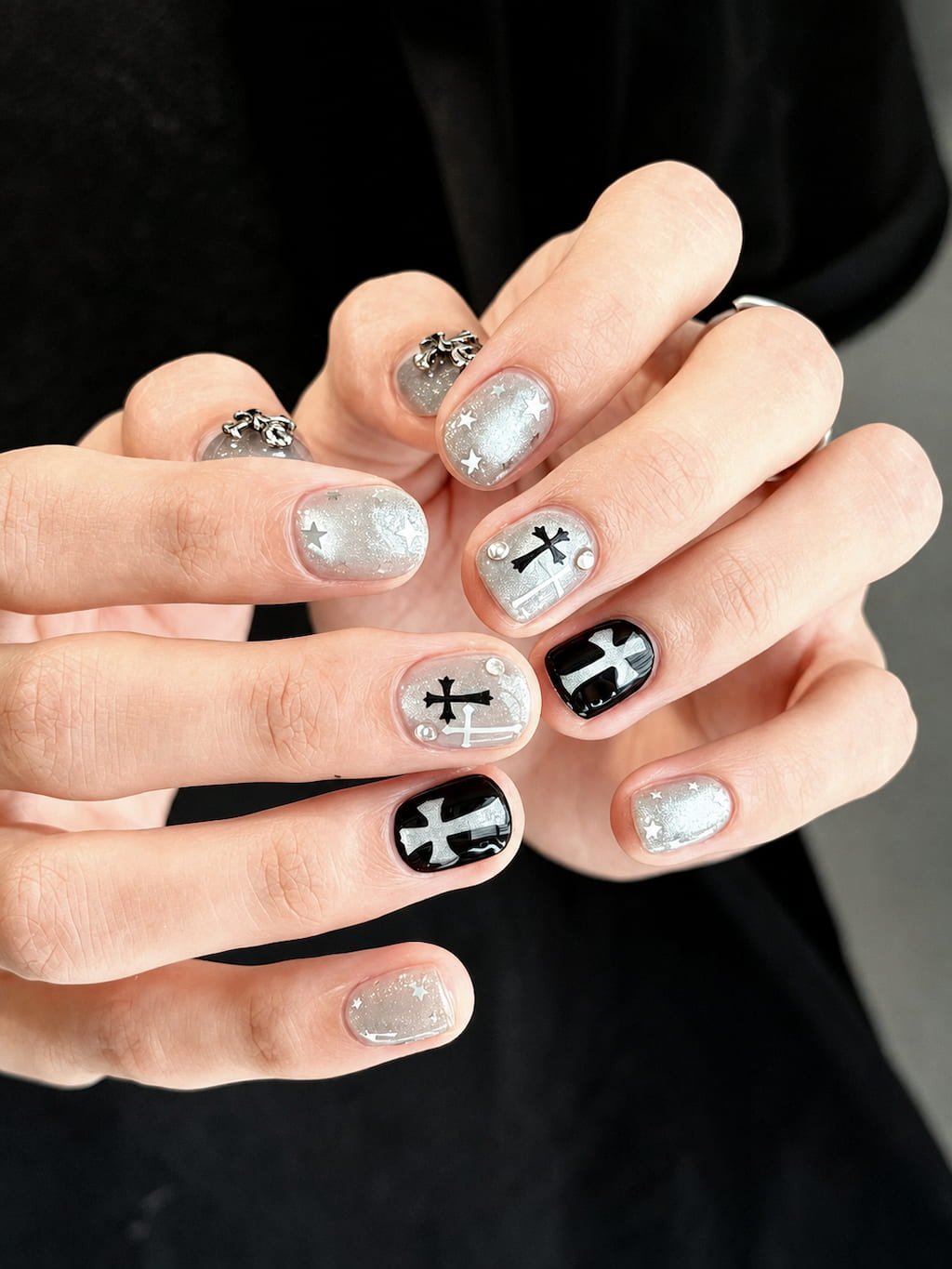 Silver Chrome Filigree Stiletto Y2K Nails