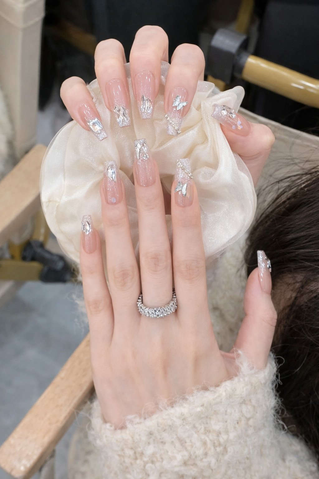 Silver Chrome Wedding Nails with Butterflies and Glitter