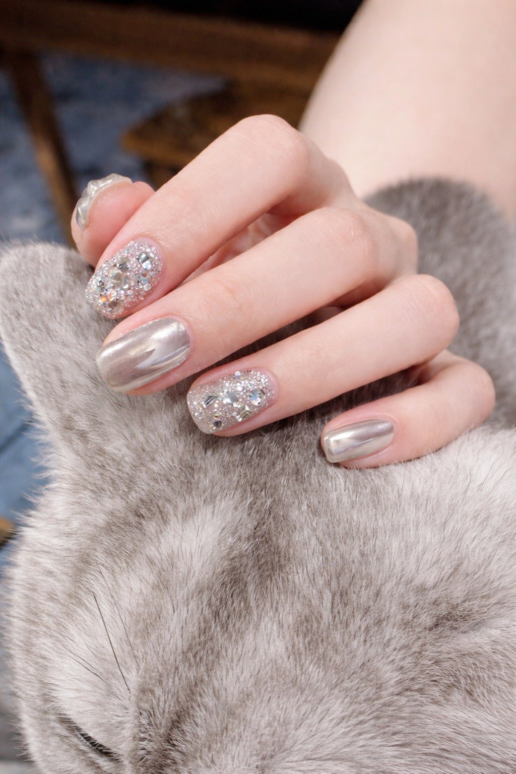 Silver Chrome Wedding Nails with Crystal Embellishments