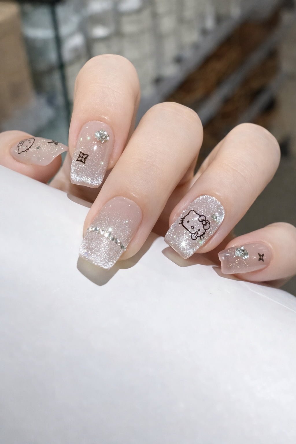 Silver Glitter Square Hello Kitty Nail