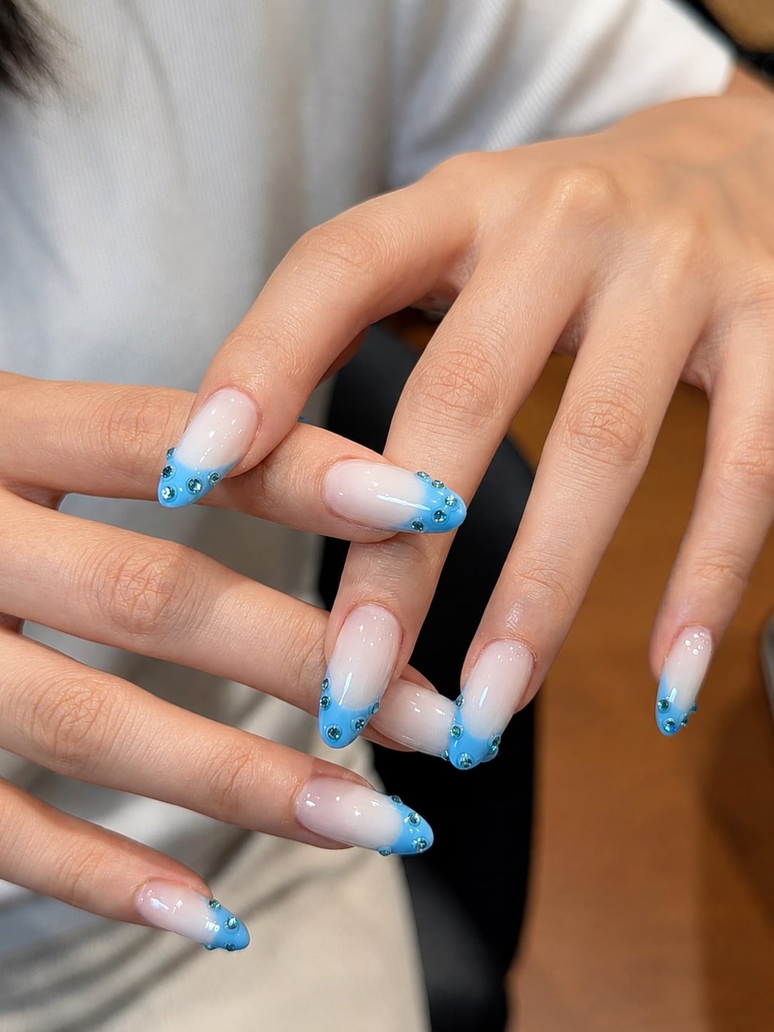 Sky Blue Ombre French Nails with Rhinestone Tips
