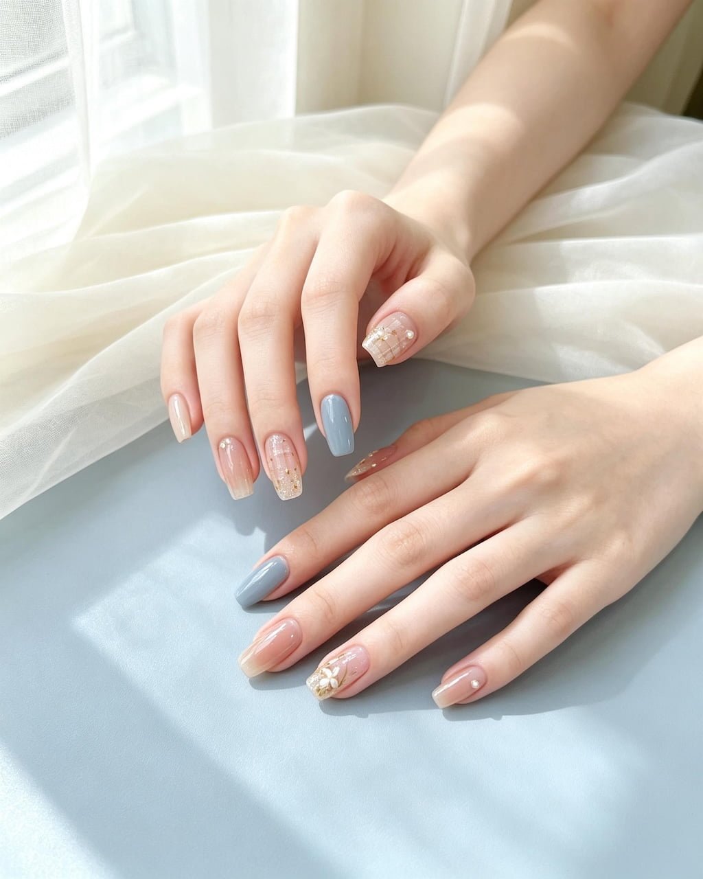 Soft Blue Plaid Preppy Nails with Pearl Details