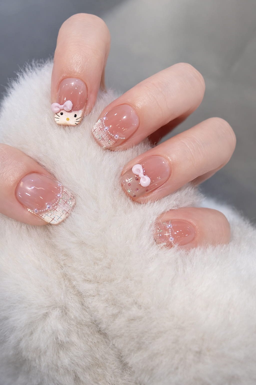 Soft Pink Bow Hello Kitty Nail Design