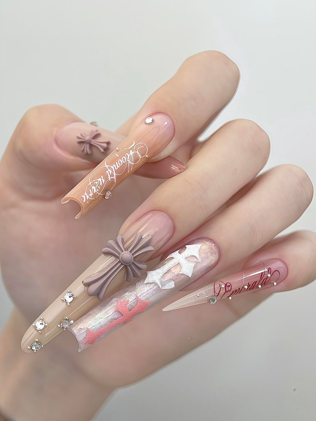 Soft Pink Chrome Cross Y2K Nails