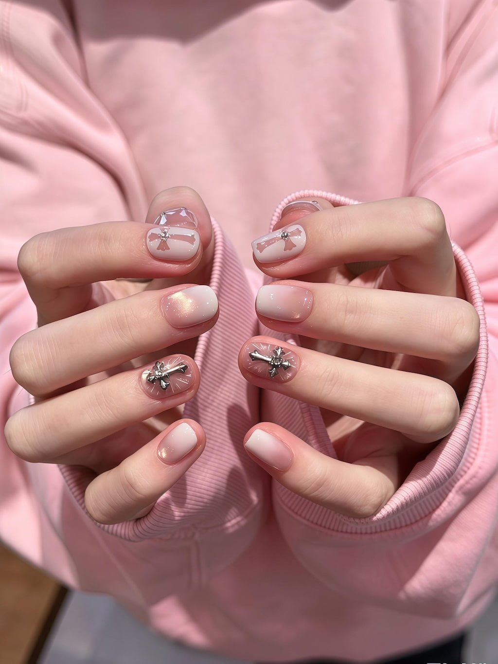 Soft Pink Cross Charm Y2K Nails